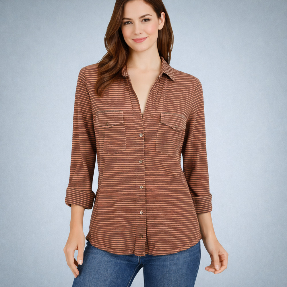 Standard James Perse 3 Size Large L Peach Gray Stripe Collared Button Cotton Top